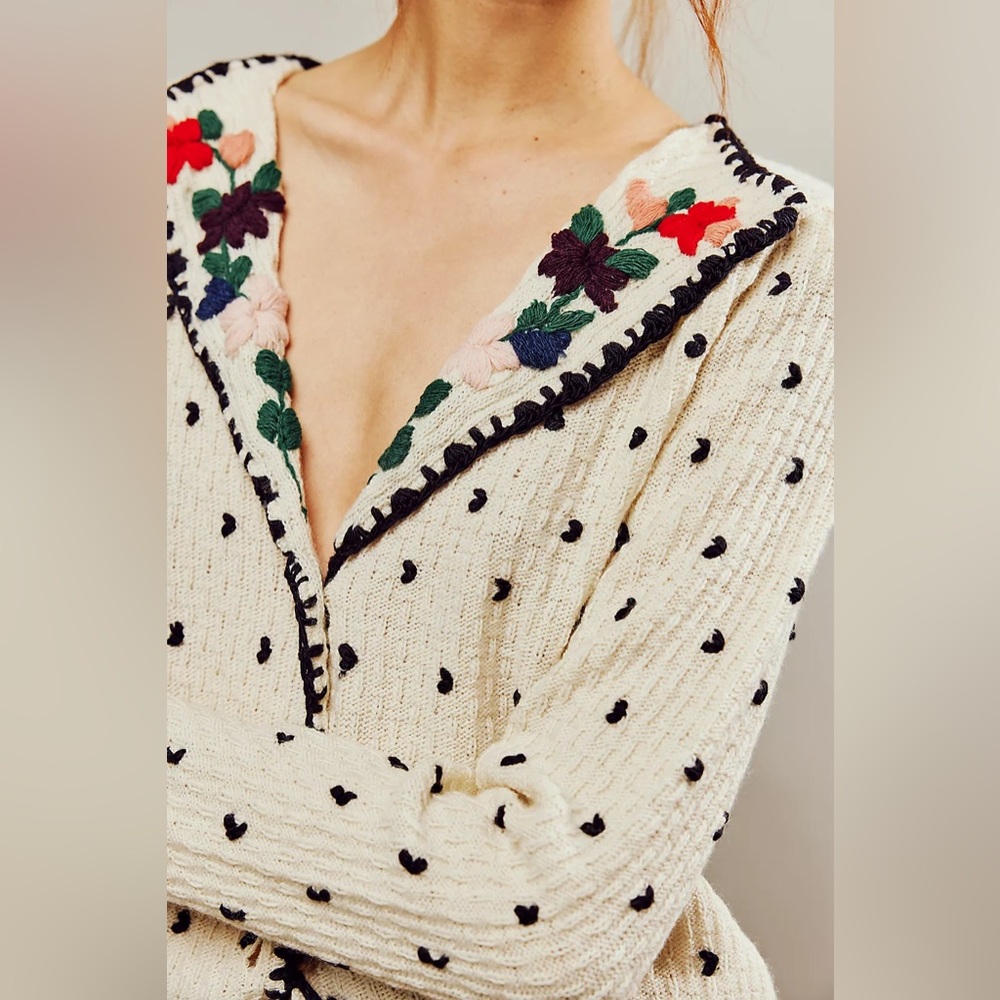 TACH Black and Cream Polka Dot Cardigan Farah Hand-Knitted Wool Cardigan SZ XS - Picture 3 of 15